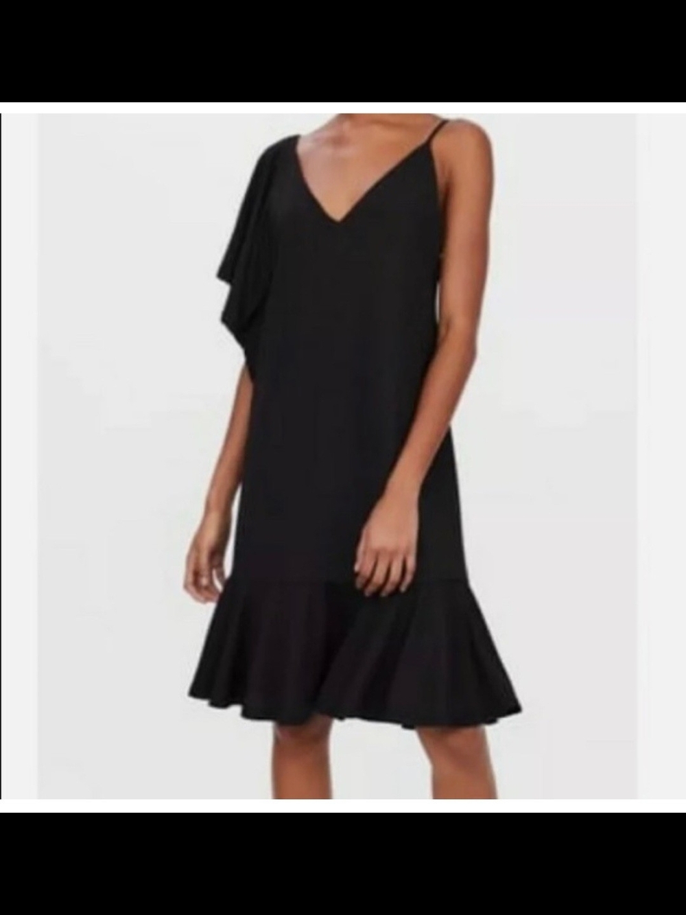Zara Black One-Shoulder V-Neck Ruffle Hem Dress Size Small